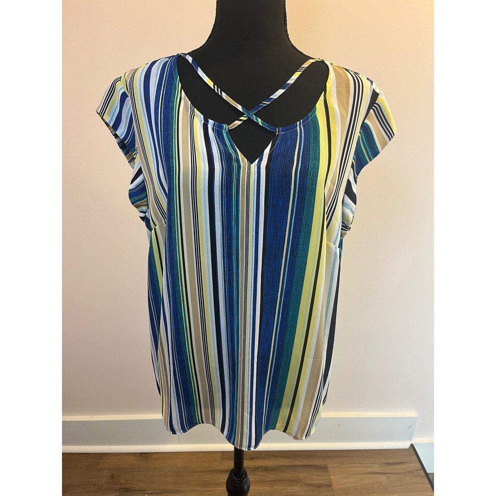 The Limited Blue Yellow Striped Strappy V-Neck Blouse PXL NWT Patio Stripe